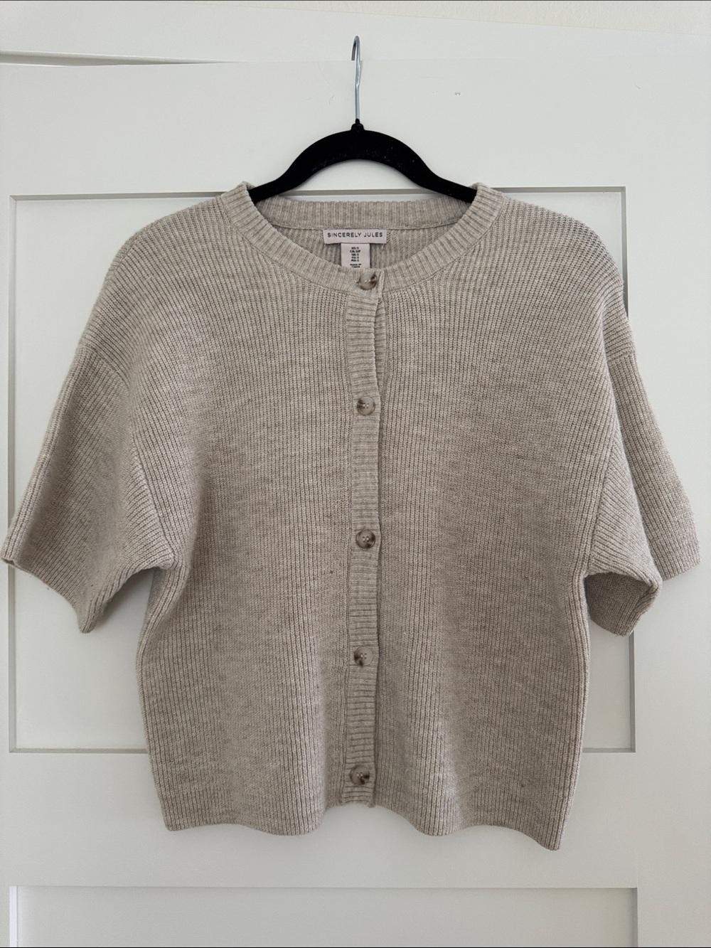 Sincerly Jules Taupe Ribbed Short-Sleeve Button Cardigan